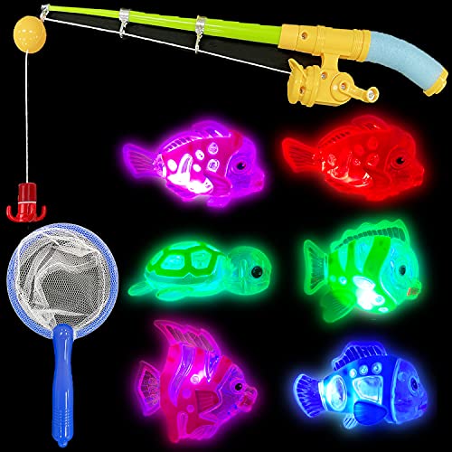 Liberty Imports Magnetic Light Up Kids Fishing Pole Bath Toy Set - Rod and Reel with Sea Turtle and 5 Unique Fish -Outdoor Water Toys and Fishing Game for Kids Age