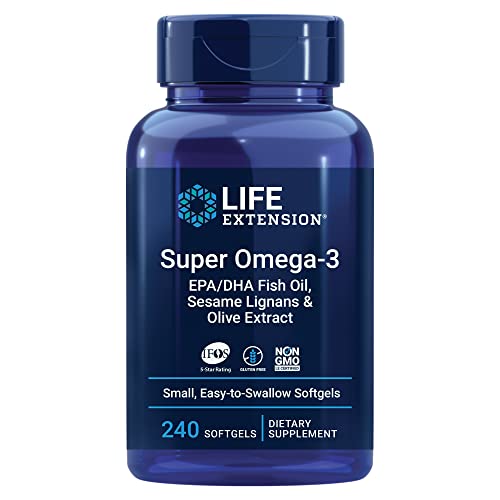 Life Extension Super Omega-3 Plus EPA/DHA Fish Oil, Sesame Lignans & Olive Extract - Heart Health & Brain Support Supplement - Easy-to-Swallow - Gluten-Free, Non-GMO - 240 Softgels