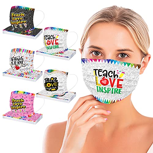 Lopty 50PC Teacher Printed Disposable Face_masks with Designs Teacher_masks for Women Cute Colored Breathable Paper_mask for Adults, Mixed #3