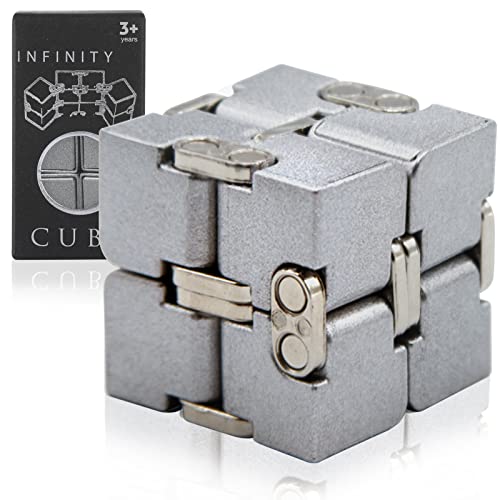 Metal Infinity Cube Fidget Toy for Kids, Teens, and Adults, Best Desk Gadget and Sensory Tool for Fidgeting, Anxiety, and Stress Relief, Cool Office Decor and Gift for Men in Metal Aluminum