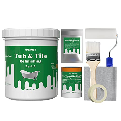 NADAMOO Tub and Tile Refinishing Kit (1kg, with tools, White), DIY Bathtub Sink Reglaze Kit Countertop Paint Resurface Kit for Bathroom Kitchen, for Porcelain Enamel Acrylic Fiberglass, Semi-matte White Bright Coat