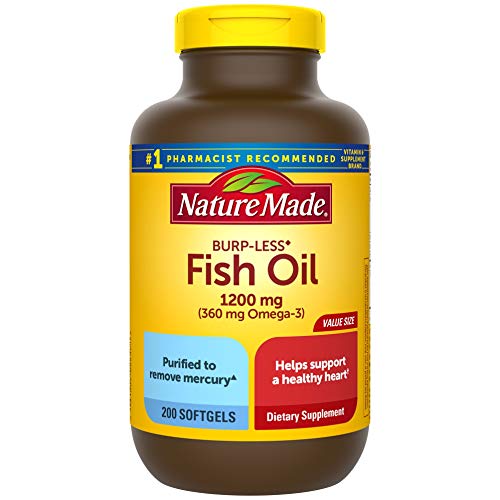Nature Made Burp-Less Fish Oil 1200 mg, 200 Softgels, Fish Oil Omega 3 Supplement For Heart Health