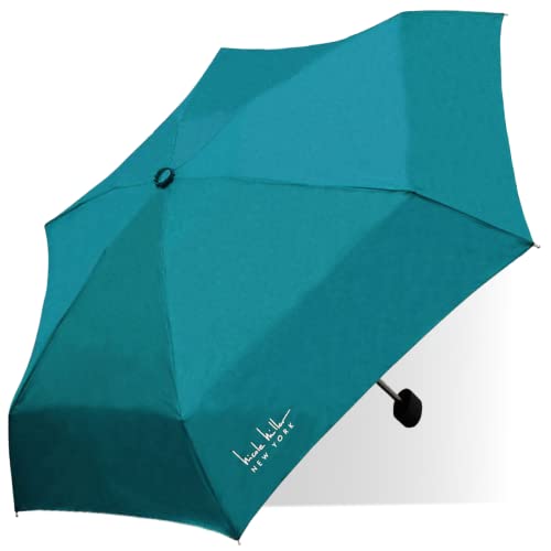 Nicole Miller 5-Section Flat Micro Mini Rain Umbrella, Manual, Compact and Packable for Travel, Lightweight and Windproof, Full 42 Inch Arc, Teal
