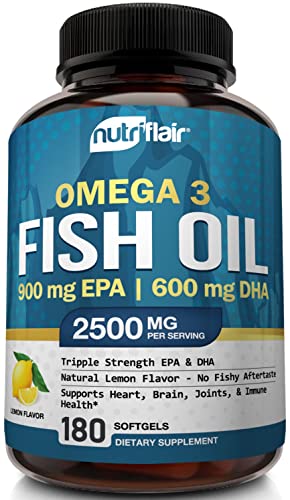 NutriFlair Omega 3 Fish Oil Supplement - Lemon Flavor, No Fishy Burps - Triple Strength EPA + DHA, Easy to Swallow - Joint, Heart and Brain Health Formula