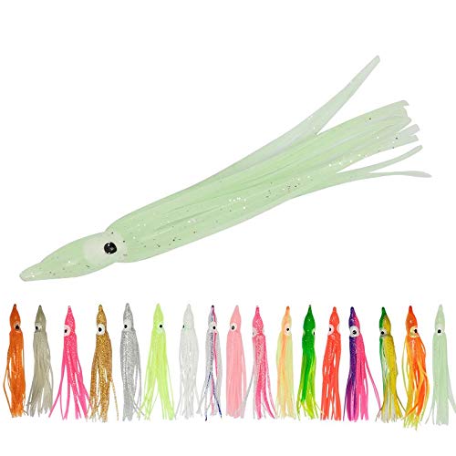 Pack of 50pcs Glow Soft Plastic Octopus Squid Skirt Fishing Lures Hoochies Trolling Saltwater Soft Fishing Lures Set for Bass Salmon Trout 5cm 10cm 12cm 15cm 10 Colors Included