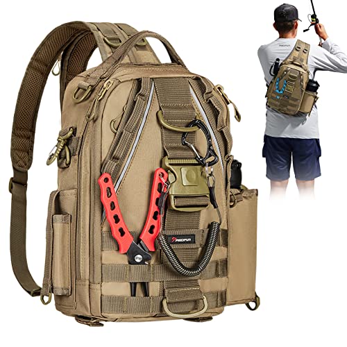 Piscifun Fishing Tackle Backpack, Multifunctional Fishing Tackle Bag with Rod Holder, Outdoor Shoulder Fishing Gear Carry Bag for Men and Women Khaki Standard