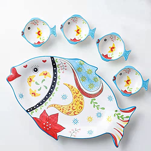 Plates and Bowls Sets,Hand-Painted Fish Dinner Plates and 4 Sauce Dish, Ceramic Plates Household/Hotel Porcelain Dish Set for Meat/Appetizer,Dinnerware Sets Can Use in Microwave Oven and Dishwasher