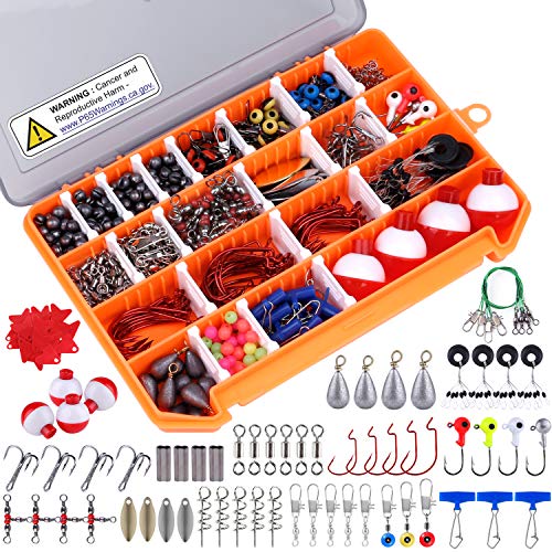 PLUSINNO Fishing Accessories Kit, 263pcs Fishing Tackle Kit with Tackle Box Including Fishing Weights Sinkers, Jig Hooks, Beads, Swivel Snap, Bobbers Float, Saltwater Freshwater Fishing Gear