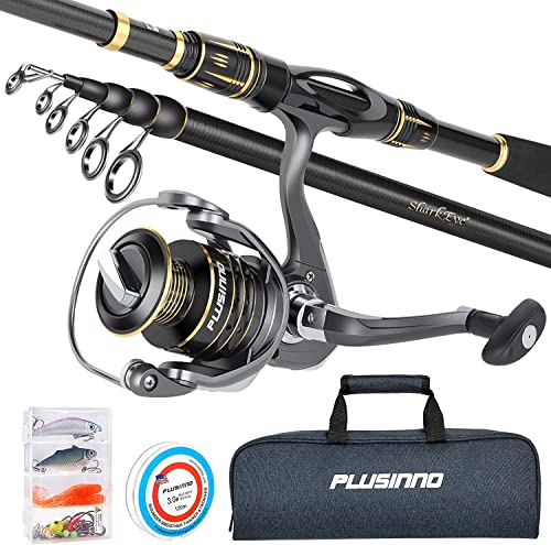 PLUSINNO Fishing Rod and Reel Combo, Ultralight Carbon Fiber Telescopic Fishing Pole with EVA Handle, Left / Right Hand Anti-Reverse Spinning Reel, Best Gifts for Man Fishing Beginner and