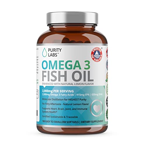 Purity Labs Omega 3 Fish Oil 3000mg - Vegan Supplements for Heart and Brain Health - Immune Support Supplement  - 180 Softgels