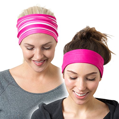 RiptGear Stretch Sport Headband for Women (Pink Solid and Striped) — Non-Slip Sweat Wicking Fabric Great for Yoga, Running or The Gym — Soft Headband That Fits Most Head Sizes — (2-Pack)