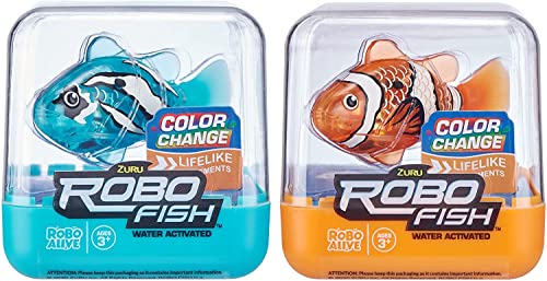 Robo Alive Robo Fish Robotic Swimming Fish (Teal + Orange 2 Pack) by ZURU Water Activated, Changes Color, Comes with Batteries, Amazon Exclusive - Teal + Orange (2 Pack)