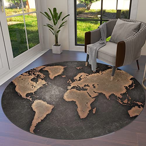 Round Area Rug Non-Slip Fabric Machine Washable Round Rugs Floor Mats Vintage World Map Brown and Grey Center Carpet for Bedroom Living Room Study Room Kids Playing Home Decor Diameter 36 INCH