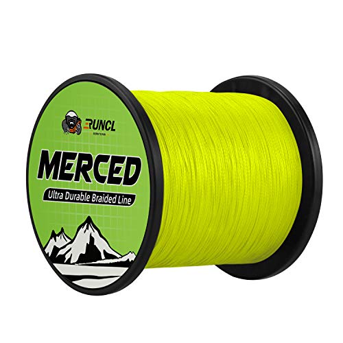 RUNCL Braided Fishing Line MERCED, 4 Strand Braided Line - Proprietary Weaving Tech, Thin-Coating Tech, Stronger, Smoother - Fishing Line fr Freshwater Saltwater (Hi-Vis Yellow, 30LB(13.6kgs), 300yds)