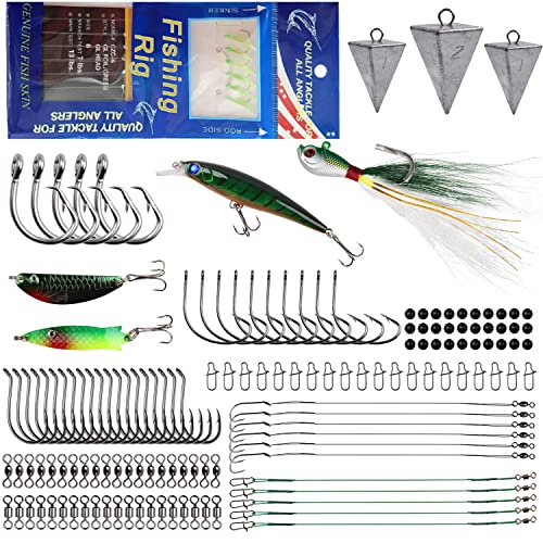Saltwater Fishing Tackle Box, Surf Fishing Tackle Bait Rigs Kit Sea Fishing Gear Set Include Fishing Lure Spoon Jigs Fishing Rig Pyramid Weights Wire Leaders Fishing Accessories (143pcs Kit)