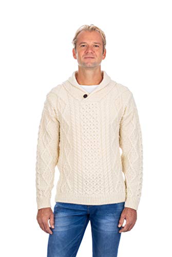 SAOL Irish Sweater for Men's Made of 100% Merino Wool -Ireland Fisherman Shawl-Collar Pullover (Natural, Large)