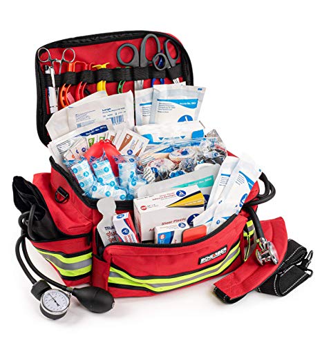 Scherber First Responder Bag | Fully-Stocked Professional Essentials EMT/EMS Trauma Kit | Reflective Bag w/8 Zippered Pockets & Compartments, Shoulder Strap & 200+ First Aid Supplies - Red