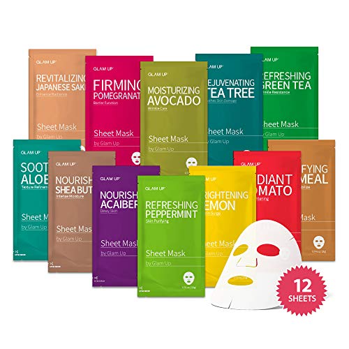 Sheet mask by Glam Up Facial Sheet Mask 12 Combo (Pack of 12) - Face Masks Skincare, Hydrating Face Masks, Moisturizing, Brightening and Soothing, Beauty Mask For All Skin Type