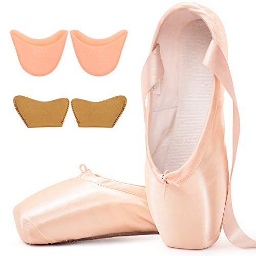 Soudittur Ballet Pointe Shoes for Girls and Women Pink Satin Dance Shoes with Pre-Sewn Ribbons Toe Pads (Please Choose One Size Larger)