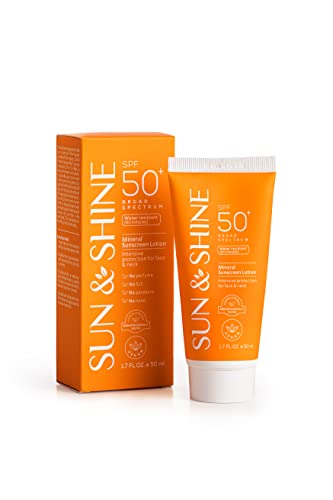 SUN & SHINE MINERAL SUNSCREEN LOTION: SPF50 Broad Spectrum UVA UVB, Face Neck Protection, Sunburn Cream Zinc Oxide, Sensitive Skin, 1.7 Oz