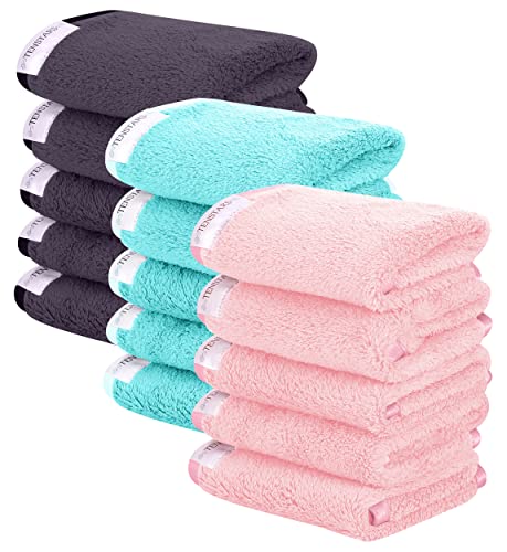 TENSTARS Luxury Silk Hemming 15-Pack Makeup Remover Cloths - Soft Coral Fleece Microfiber Makeup Washcloths for Face, Eye, Lips (8x8, Dark Grey, Pink, Frozen Blue)