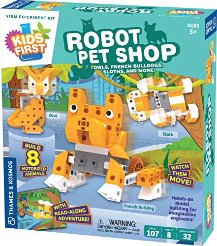 Thames & Kosmos Kids First Robot Pet Shop: Owls, French Bulldogs, Sloths & More! STEM Experiment Kit for Young Engineers | Build 8 Motorized Robots of Cute Animals | Play & Learn with Storybook Manual