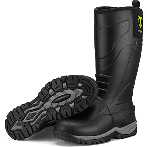 TIDEWE Rubber Boots for Men, Waterproof Durable Unique Design Rain Boots, Neoprene Hunting Boots, Warm Rubber Work Mud Boots (Size 9)