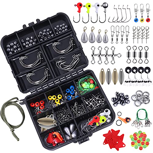 TOPFORT 187pcs Fishing Accessories Kit, Including Jig Hooks, Bullet Bass Casting Sinker Weights, Fishing Swivels Snaps, Sinker Slides, Fishing Set with Tackle Box(187pcs Fishing Accessories kit)