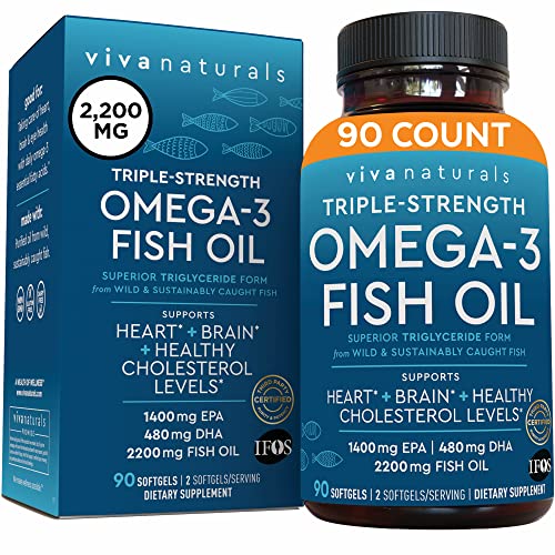 Triple-Strength Omega 3 Fish Oil Supplement, 90 Softgels - Highly Concentrated Fish Oil, No Fish Burps, 2,200 mg Fish Oil/Serving (1,400 mg of EPA & 480 mg of DHA)