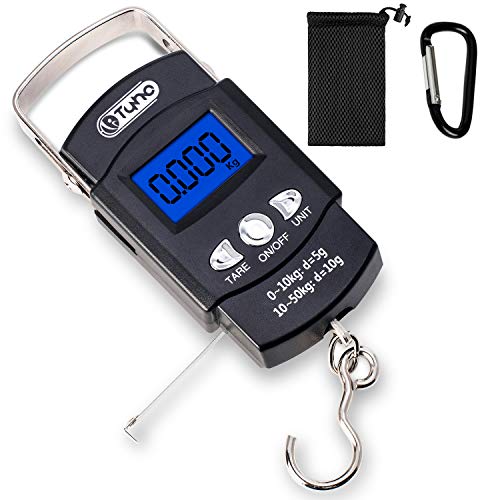 TyhoTech Fishing Scale 110lb/50kg Backlit LCD Screen Portable Electronic Balance Digital Fish Hook Hanging Scale with Measuring Tape Ruler, D Shape Buckle and Carry Bag Included