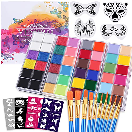 VESPRO Professional Face Body Paint Kit,42 Colors Oil Face&Body Paint Kit (26 Classic Colors+10 Metal Colors +6 UV Glow Colors) with 10 Size Brushes 4PCS Reusable Large Face Stencils and 4PCS Small Paint Stencils for Kids’ and Adults’ Halloween Makeup