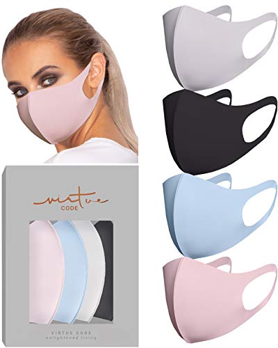 VIRTUE CODE Second Skin Cloth Face Mask Pack. 4 Buttery Soft Masks Washable Fabric - Pink, Baby Blue, Soft Grey and Black Face Mask Reusable. Stretchy, Comfortable, Fresh Facemask.