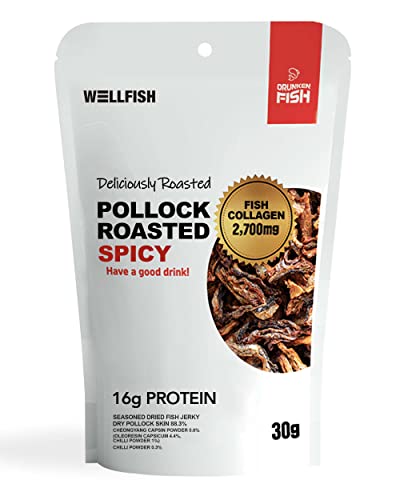 Wellfish Pollock Roasted Fish Snack (Spicy, Pack of 3)- Healthy Korean Protein Chips, Ready to Eat, Daily Healthy Poppable Finger Food, On-the-Go Snacks, Light, Crispy, Crunchy Bite-Sized