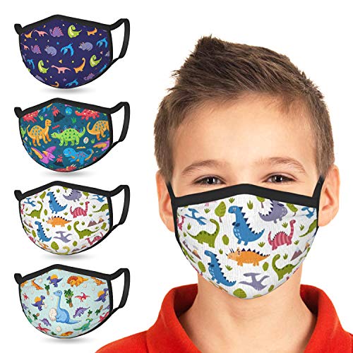 YISAMSON 4 Pcs Kids Cloth Face Mask Dinosaur Washable Face Cover Cute Cartoon Mouth Protection Reusable Adjustable for Boys Girls Children Gift