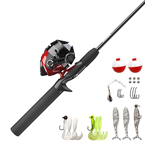 Zebco 202 Spincast Reel and Fishing Rod Combo, 5-Foot 6-Inch 2-Piece Fishing Pole, Size 30 Reel, Right-Hand Retrieve, Pre-Spooled with 10-Pound Cajun Line, Includes 27-Piece Tackle Kit, Black/Red