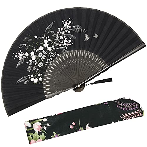 Zolee Folding Hand Fan for Women - Foldable Chinese Japanese Vintage Bamboo Linen Fabric Fan - for Hot Flash, Dance, Performance, Decoration, Party, Gift (Black Thatch Flowers)