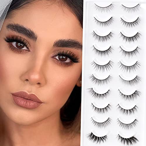 10 Styles Variety Pack Faux Mink Lashes Mix 12mm -14mm 10 Pairs False Eyelashes Natural Look 3D Small Face Eyelashes Short Soft Fake Lashes 100% Handmade Lashes Wispies Reusable Eye Lash with Black Band by EMEDA