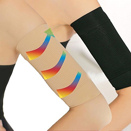 2 Pair Beauty Women Weight Loss Calories Slimming Arm Shaper Massager Lose Buster Wrap Belt Slimming Compression Arm Shaper Helps Tone Shape Upper Arms Sleeve, Black + Flesh Color