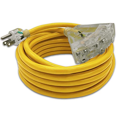 25 ft - 14 Gauge Heavy Duty Outdoor Extension Cord - Multi Plug Power Cord w/ Lighted Outlet - SJTW Indoor / Outdoor Yellow - 25 ft 14 AWG 15 Amp Extension Cord - by Watt's Wire