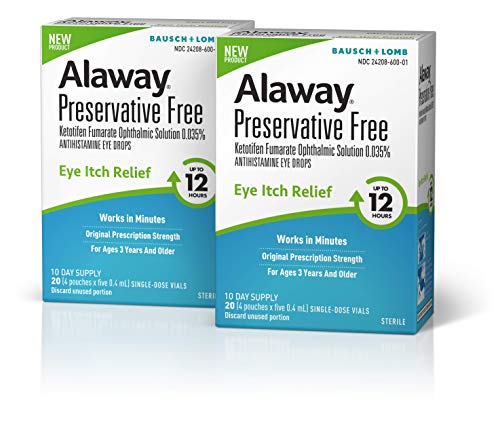 Alaway Allergy Eye Drops, Preservative Free Antihistamine Eye Drop for up to 12 Hours of Dry Eye and Eye Itch Relief, 20 Single-Dose Vials 20 Count (Pack of 2)