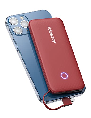 Alongza 10000mah Power Bank with Cable, Compact Slim Portable Phone Charger Built in Cables, Travel Charger Type C Outlet, External Compact Packs Fast Battery Backup Compatible with iPhones, Android