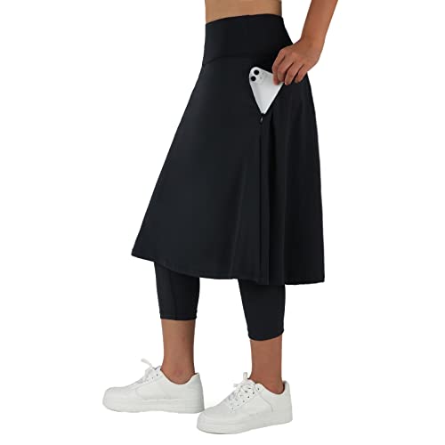 ANIVIVO Women Long Knee Length Skirt with Capris Leggings,Skirted Leegings with High Waisted Zipper Pockets(Black,M)