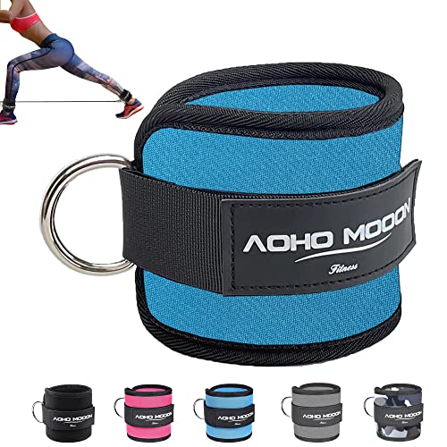 AOHO MOOON Comfortable Adjustable Padded Ankle Wrist Cuffs Neoprene Padded Straps D-Ring Glute Kickback for Cable Machine, Ideal for Glutes Exercises (Single, Blue)