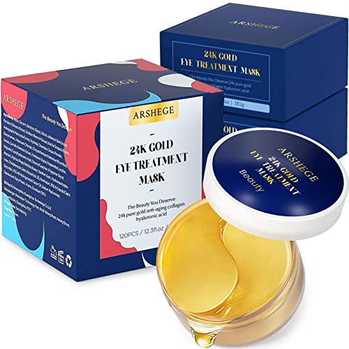 arshege 120 PCS Under Eye Patches - 24K Gold Eye Mask - Personal Care Anti-Aging Collagen Hyaluronic Acid Eye Masks for Dark Circles and Puffiness, Anti-Wrinkle and Hydrating Under Eye Mask