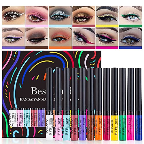 BestLand 12 Colors Matte Liquid Eyeliner Set Rainbow Colorful Neon Eyeliner Pencil Pigmented Waterproof Smudgeproof Long Lasting Gel Eye Liner Christmas Makeup Gift Kit for Women (Set A)