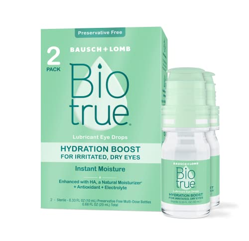 Biotrue® Hydration Boost Eye Drops, Soft Contact Lens Friendly for Irritated and Dry Eyes from Bausch + Lomb, Preservative Free, Naturally Inspired, 0.33 FL OZ (10 mL), Pack of 2