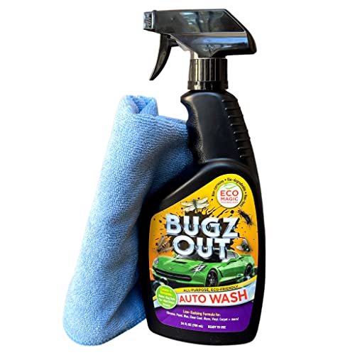 Bugz Out Car Bug Cleaner, Remover and Wash - Spray Bugs, Tar, Bird Poop Off Exterior of Car and Windshield. Remove Black Streaks Without Scratching or Removing Paint. 24 oz spray bottle with Microfiber Cloth