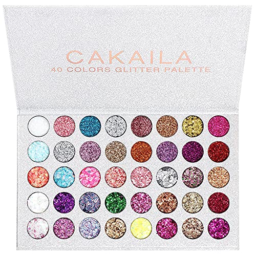 CAKAILA 40 Colors Glitter Sparkle Eyeshadow Palette Glitter Glue Pallete Eyeshadow Face Paint Glitter, White Silver Colorful Sparkly Eye Makeup Glitter Eyeshadow Pallet Palettes Glitter Gel for Women