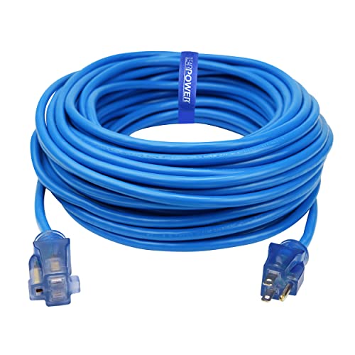 Clear Power 100 ft Heavy Duty Extreme Cold Weather Outdoor Extension Cord 16/3 SJTW, -50°C with Power Indicator Light, Blue, 3 Prong Grounded Plug, CP10075