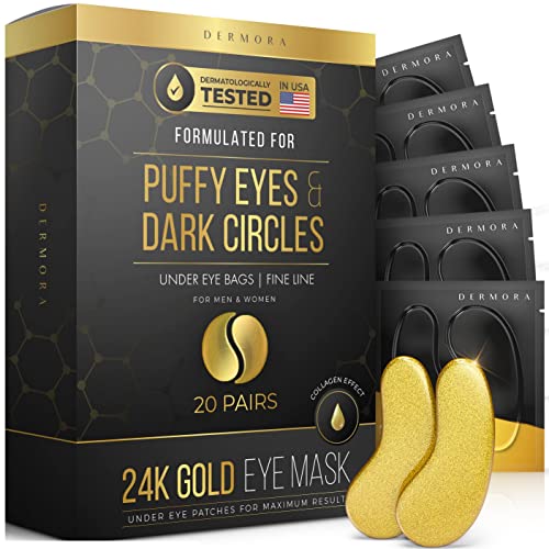 DERMORA 24K Gold Eye Mask– 20 Pairs - Puffy Eyes and Dark Circles Treatments – Look Less Tired and Reduce Wrinkles and Fine Lines Undereye, Revitalize and Refresh Your Skin